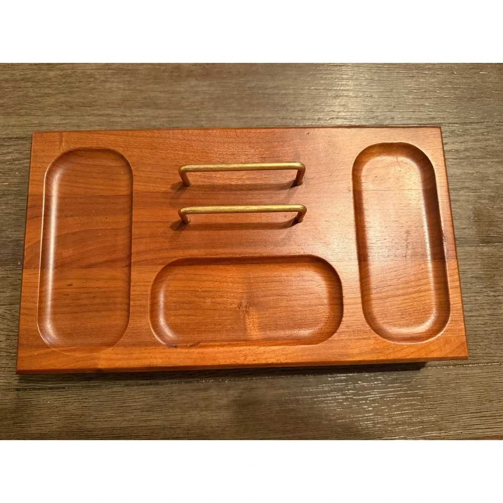 Vintage Walnut Wood Valet Tray Mid Century Modern Desk Organizer Brass Handles